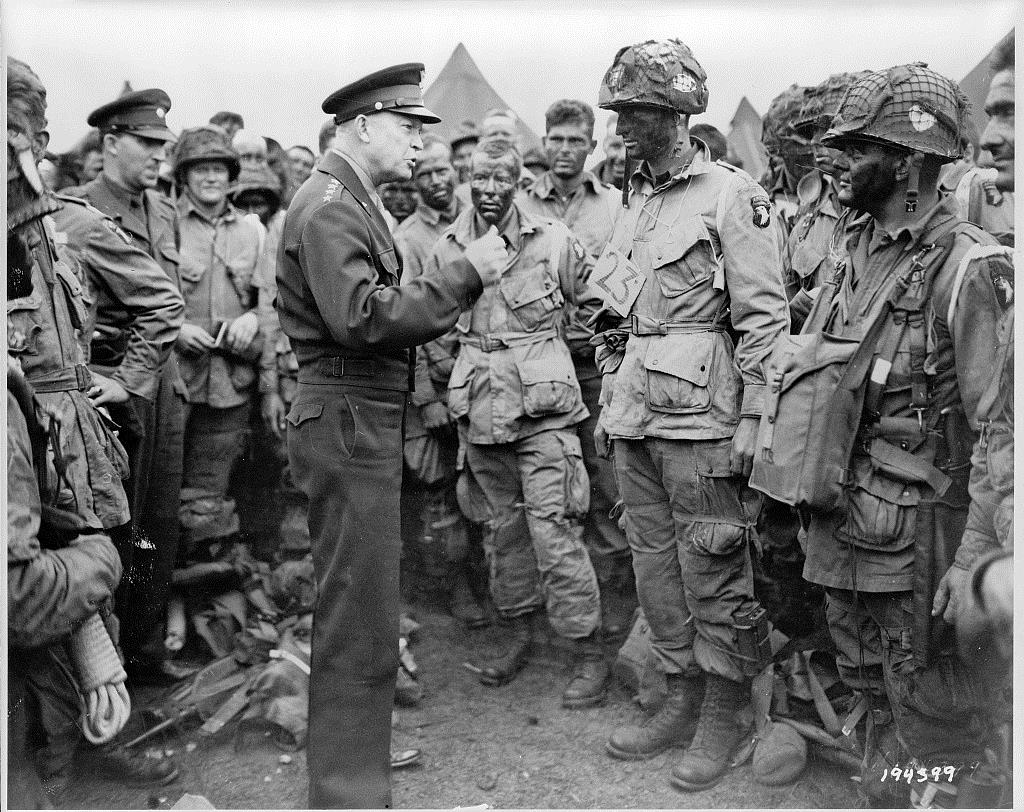 General Eisenhower addresses paratroopers prior to boarding their transports for the Normandy invasion. Library of Congress.