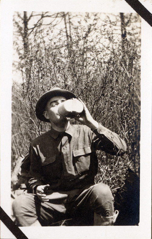 Mortimer enjoys a drink of cold water while training at Fort Sheridan. In this letter he wrote that he wanted his commander to see that “I am working hard and making some progress.”
