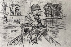 A traced drawing of a soldier sitting in a small boat with a fishing pole. There is a small dock in the background with trees and a house in the distance.