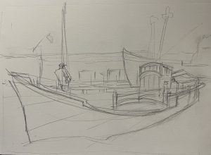 Sketch outline of a fishing boat.