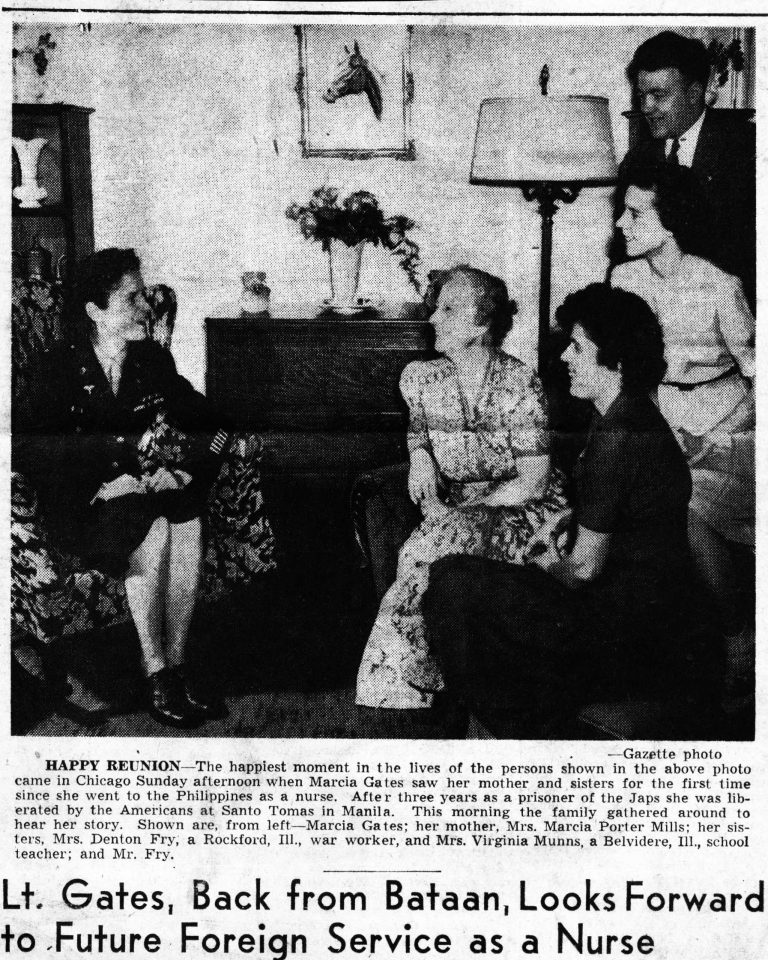 Marcia Gates at home in Wisconsin with family. Janesville Daily Gazette, 1946. (Source: Wisconsin Veterans Museum, Fanning Collection, Mss2010.191)