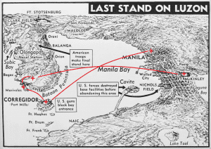 Marcia Gates’ approximate locations 1941-45, w/ “Last Stand on Luzon”, 1942 (Source: U.S. Army Signal Corps Map)
