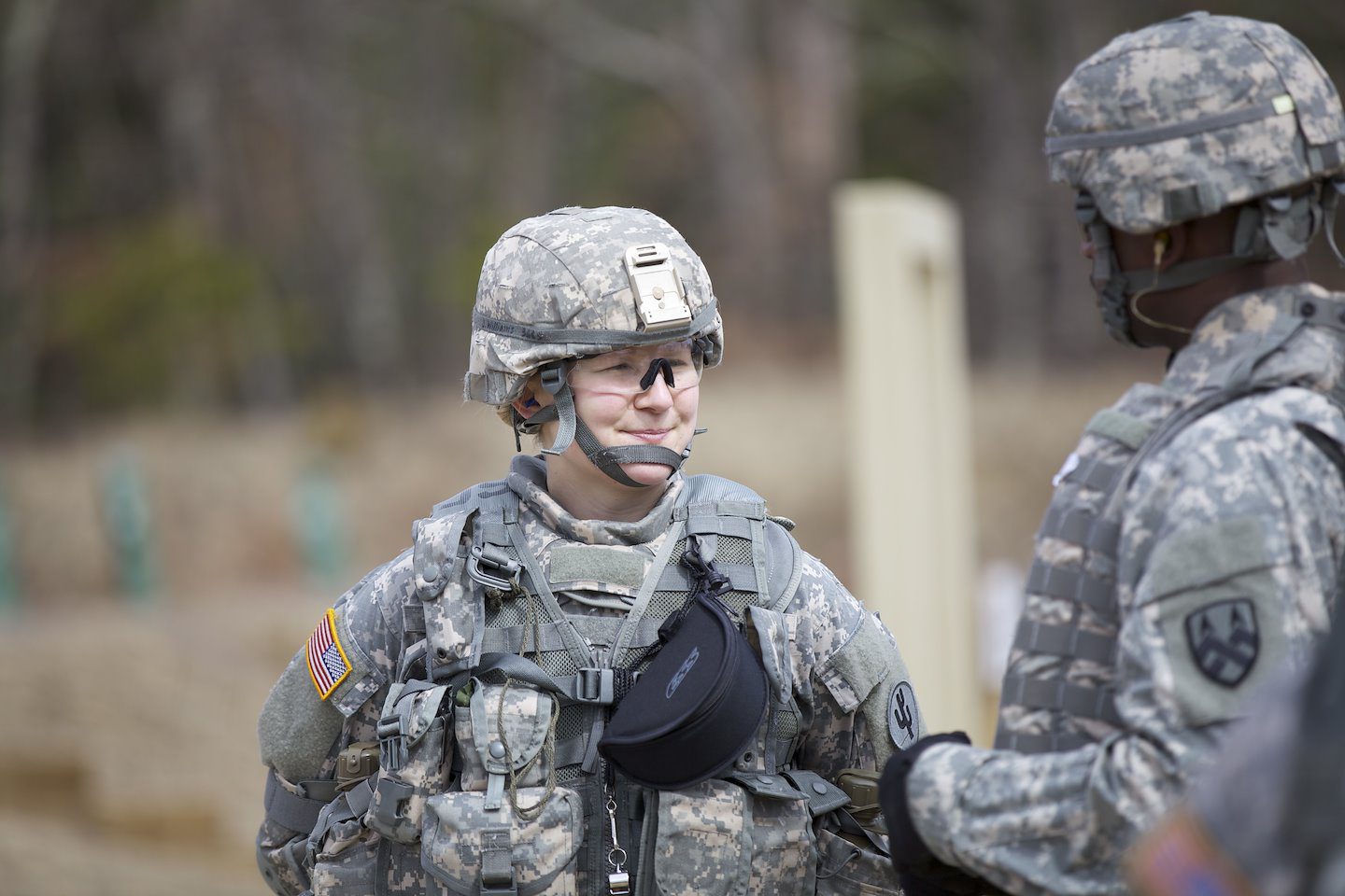 Sgt. Jessica Williams, a human resources noncommissioned officer with the 646th Regional Support Group, speaks with Staff Sgt. Cedric Bailey, assigned to the 377th Theater Sustainment Command, during the 377th TSC’s Best Warrior Competition at Fort Devens, Mass. April 14, 2015. The appearance of U.S. Department of Defense (DoD) visual information does not imply or constitute DoD endorsement. 1873771. Public domain.