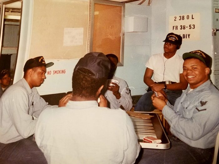 Cocroft and peers playing cards aboard the USS Pratt (DDG-44).