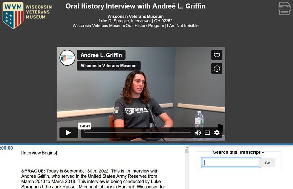 This is a screenshot of the OHMS Player for Andree Griffin's oral history interview.
