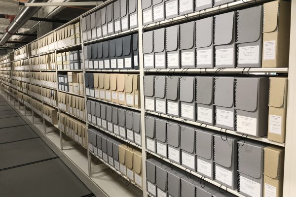 Rows of archival boxes at the State Archive Preservation Facility in Madison