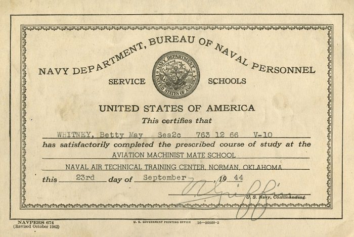 United States Navy Aviation Machinist Mate School completion certificate awarded to Prieve (Whitney) in 1944. WVM.Mss.2140.I005.01.