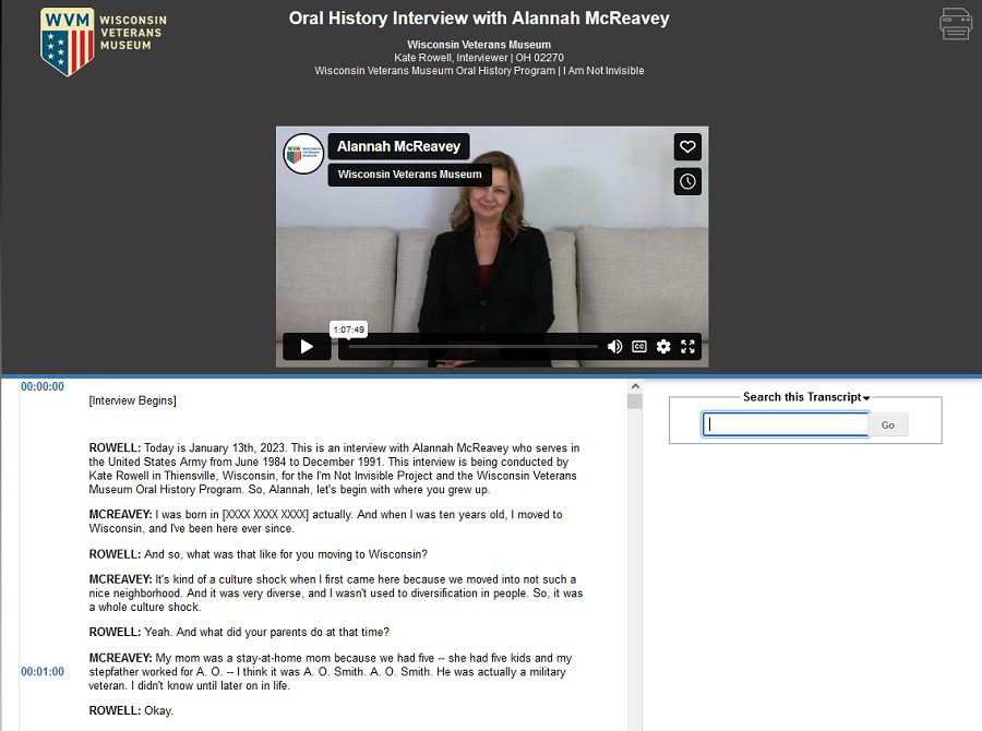 Screenshot of Alannah McReavey's Oral History Metadata Synchronizer interview page