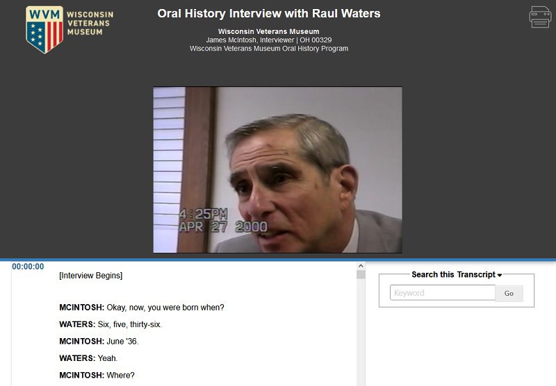 A screen capture of the Oral History Metadata Synchronizer page for Raul Waters