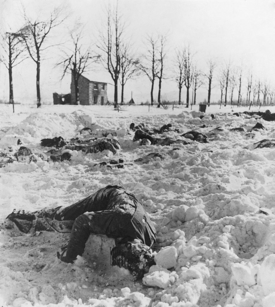Bodies of U.S. officers and soldiers slained by the Nazis after capture near Malmedy, Belgium.