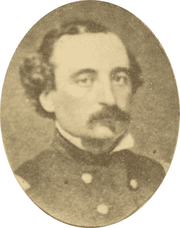 Greyscale image of a man with a mustache in a 19th century military uniform.