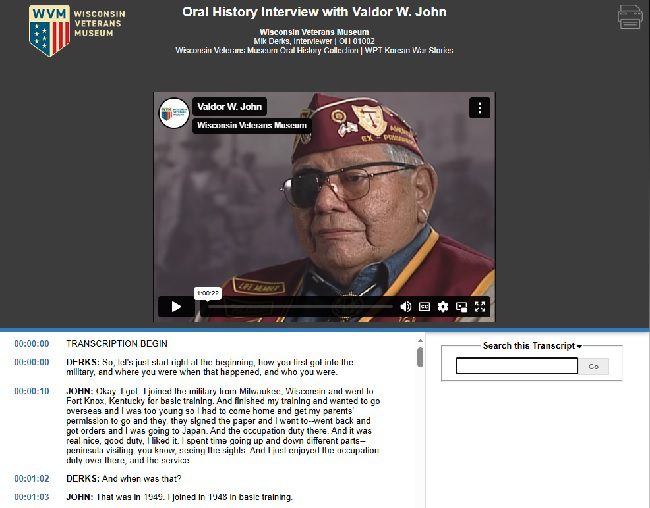 Screenshot of interview for Valdor W. John in the Oral History Metadata Synchronizer