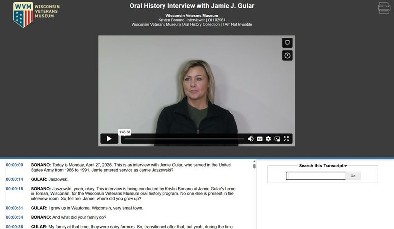 Screenshot of OHMS Media player for Jamie Gular's oral history interview showing both the media and the transcript.