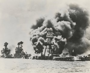 USS Arizona in flames, Image courtesy of the Navy